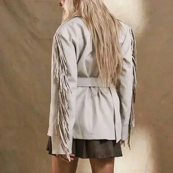 Beige Casual Women's Western Boho Fringe Woven Fabric Jacket - Picture 3 of 5